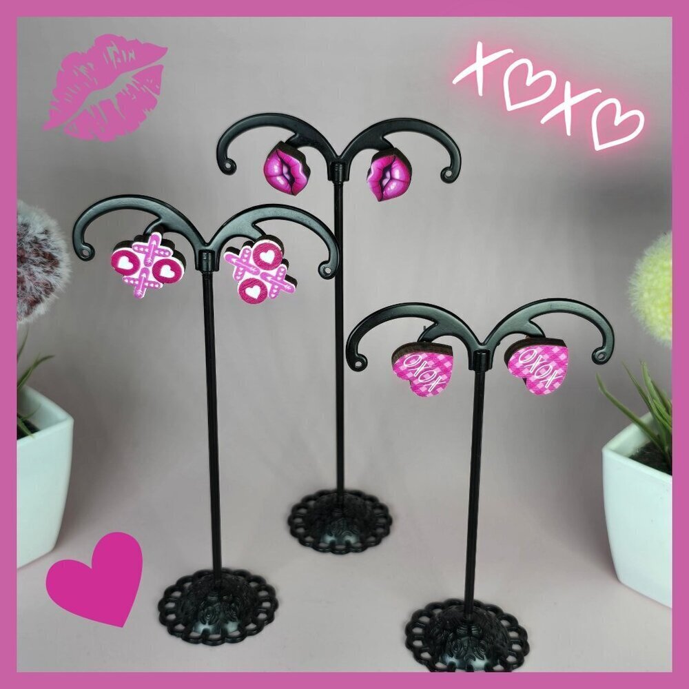 Pink Wooden Stud Earrings - Lips, Hearts &‎ XOXO Designs (NWOT)